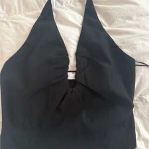 Black Halter Tie-Back Camisole with Front Keyhole